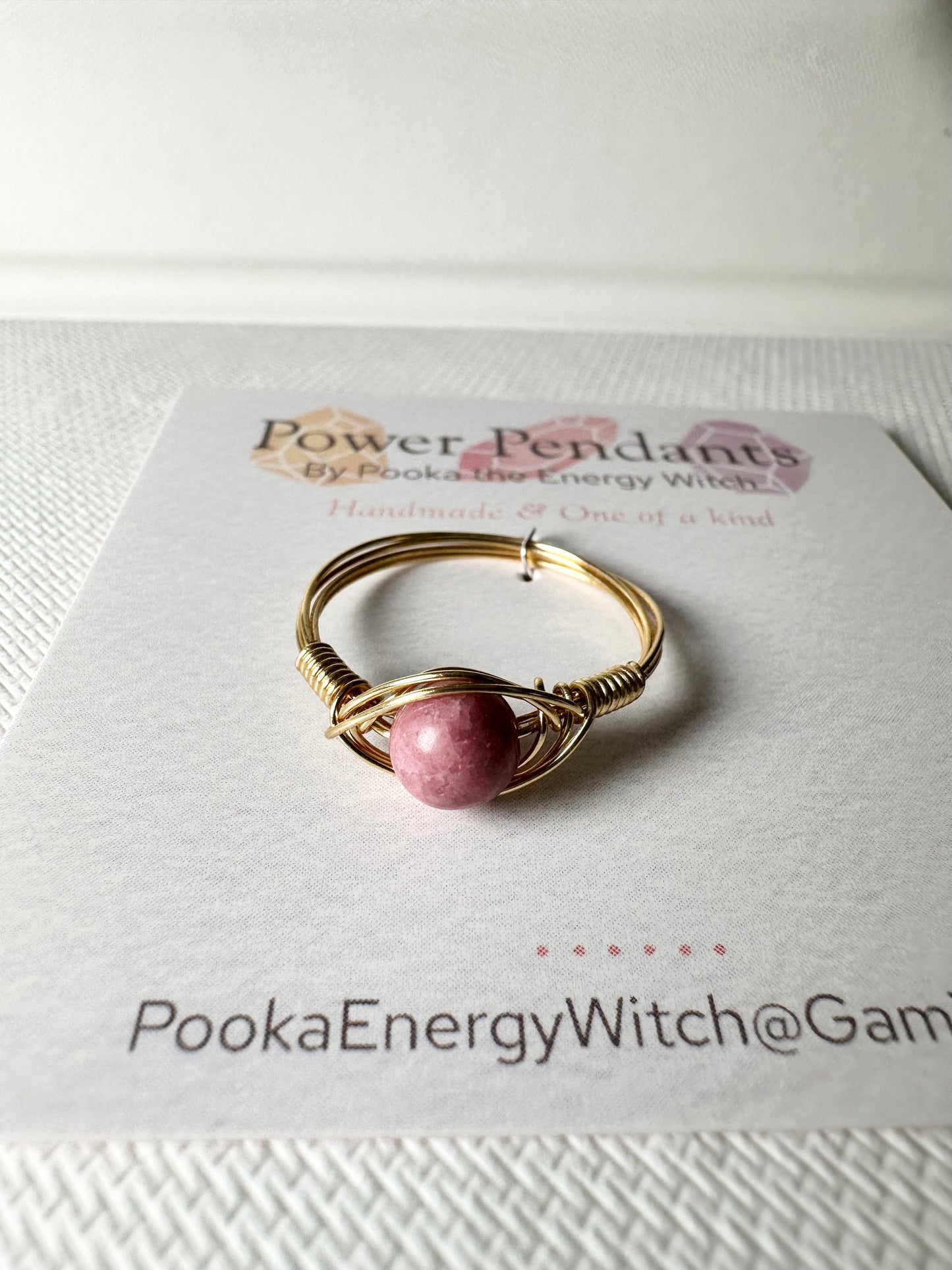 Pooka the Energy Witch - Wire Wrap Ring - Gold Colored Wrap  - Rhodochrosite