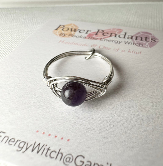 Pooka the Energy Witch - Wire Wrap Ring - Silver Colored Wrap - Amethyst