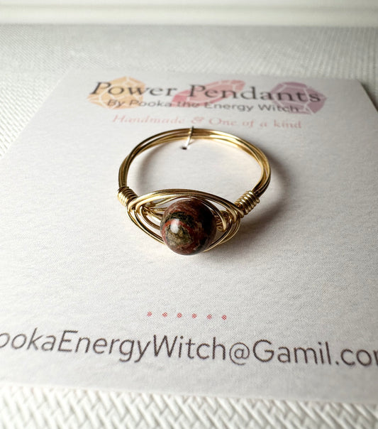 Pooka the Energy Witch - Wire Wrap Ring - Gold Colored Wrap  - Picture Jasper