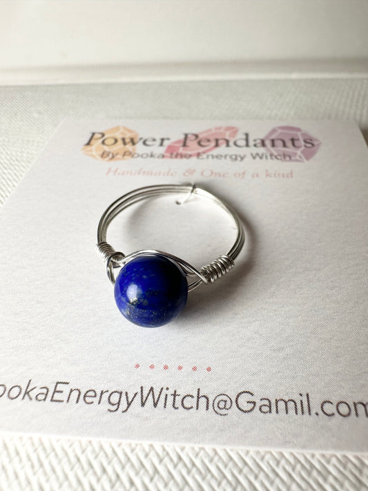 Pooka the Energy Witch - Wire Wrap Ring - Silver Colored Wrap - Lapis