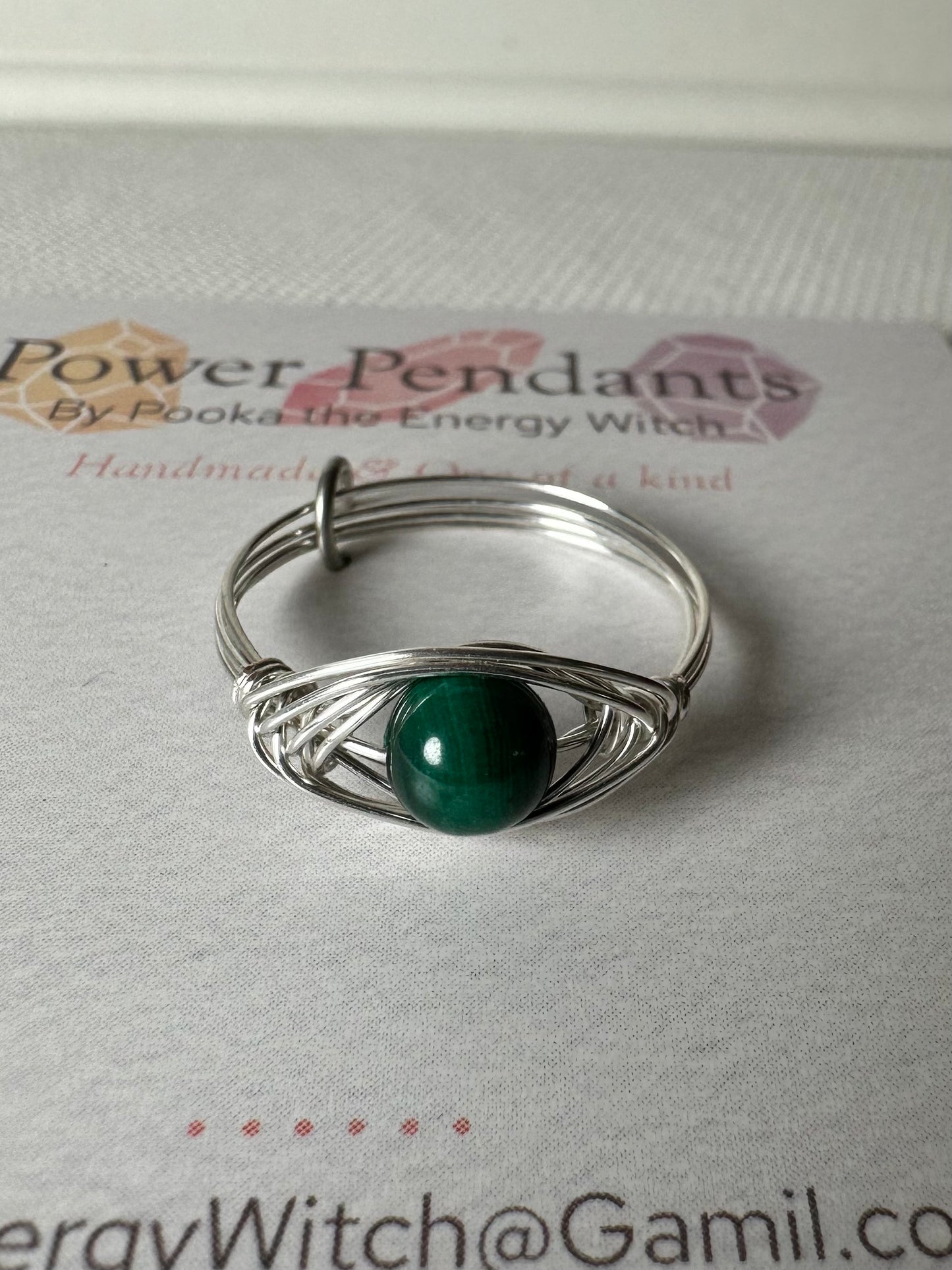Pooka the Energy Witch - Wire Wrap Ring - Silver  - Malachite
