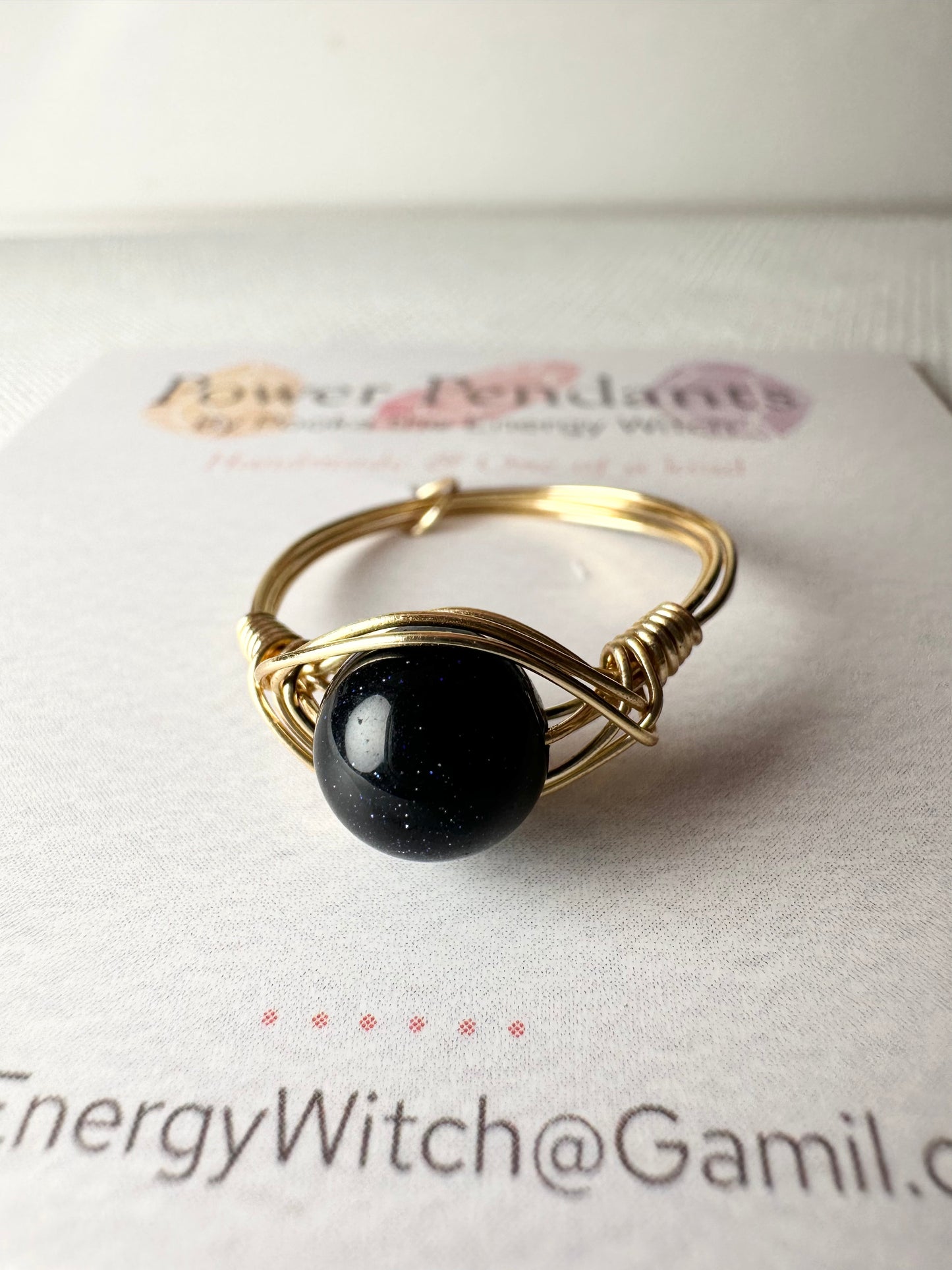 Pooka the Energy Witch - Wire Wrap Ring - Gold Colored Wrap  - Blue Sandstone
