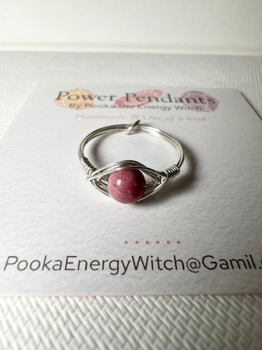 Pooka the Energy Witch - Wire Wrap Ring - Silver Colored Wrap  - Rhodochrosite