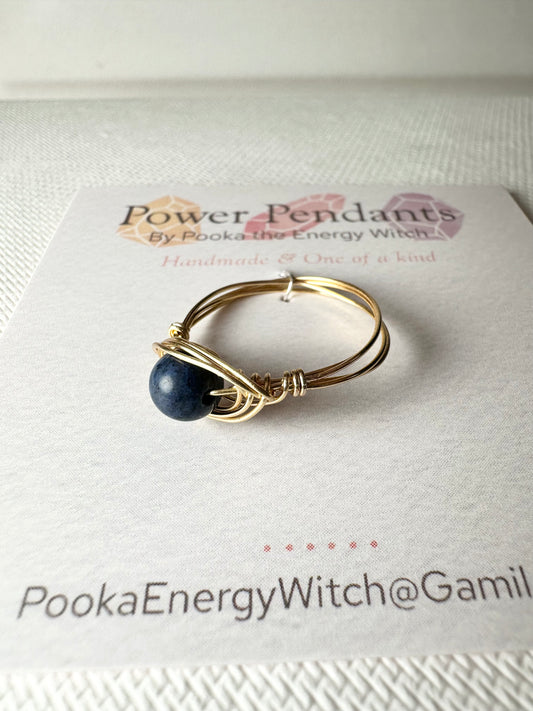 Pooka the Energy Witch - Wire Wrap Ring - Gold Colored Wrap - Lapis