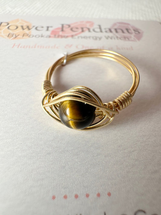 Pooka the Energy Witch - Wire Wrap Ring - Gold Colored Wrap  - Tiger's Eye