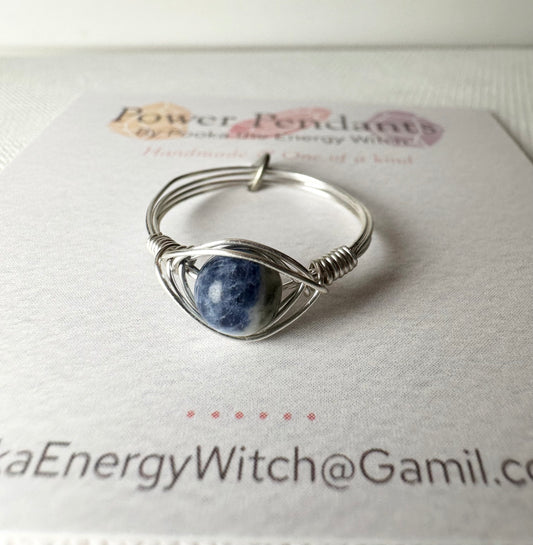 Pooka the Energy Witch - Wire Wrap Ring - Silver Colored Wrap  - Sodalite