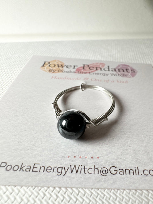 Pooka the Energy Witch - Wire Wrap Ring - Silver Colored Wrap  - Hematite