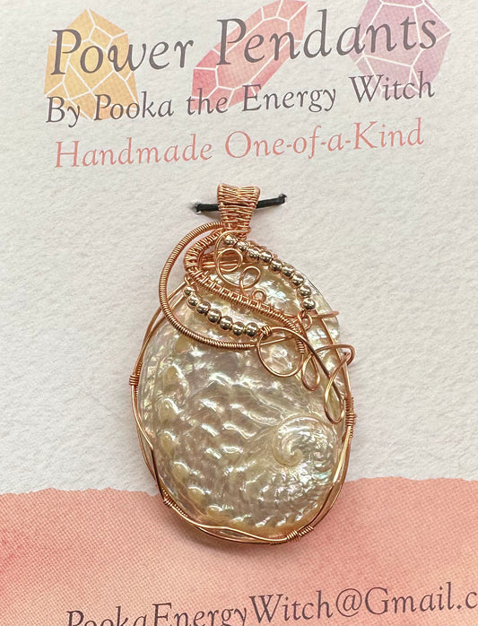 Pooka the Energy Witch - Wire Wrap Pendant - Iridescent Shell with Copper Wrap Wire