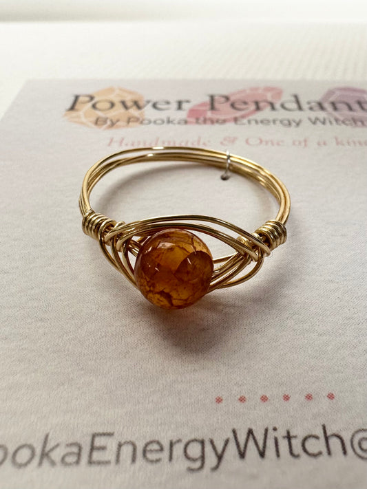 Pooka the Energy Witch - Wire Wrap Ring - Gold Colored Wrap  - Fire Agate