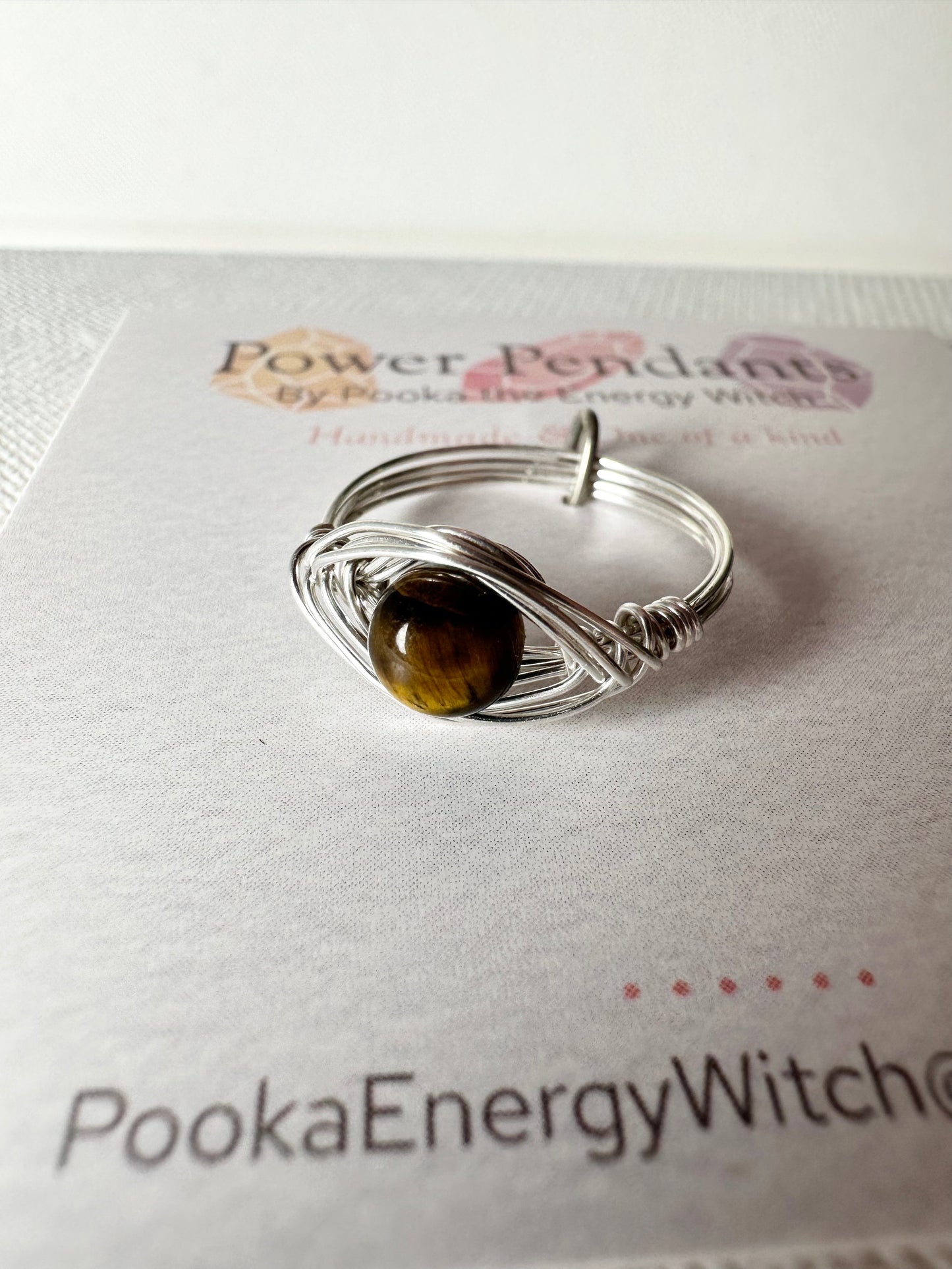 Pooka the Energy Witch - Wire Wrap Ring - Silver Colored Wrap  - Tiger's Eye