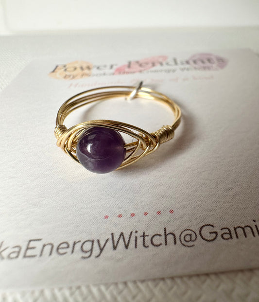 Pooka the Energy Witch - Wire Wrap Ring - Gold Colored Wrap - Amethyst