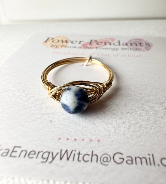 Pooka the Energy Witch - Wire Wrap Ring - Gold Colored Wrap  - Sodalite