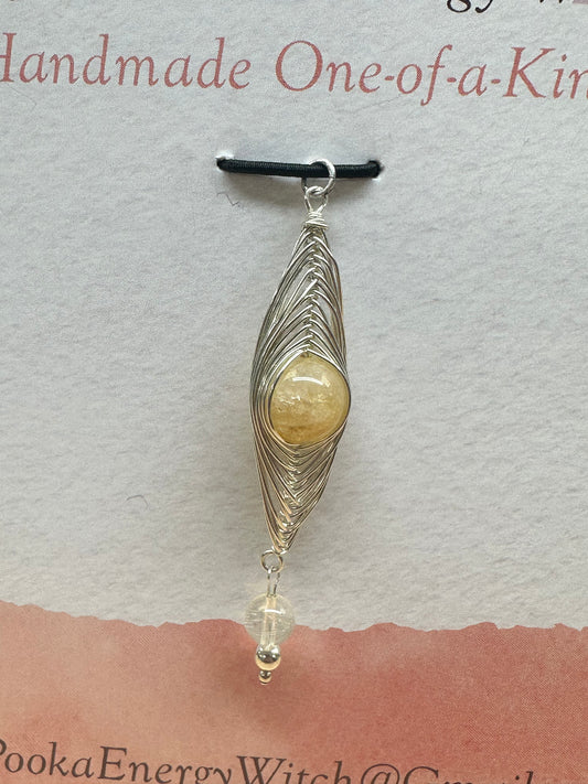 Pooka the Energy Witch - Sterling Silver Wire Wrap Pendant - Citrine - Aries, Leo, Libra