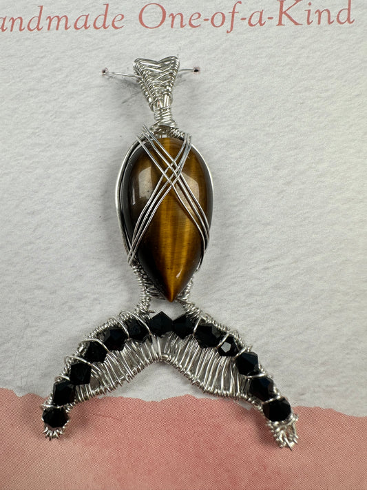 Pooka the Energy Witch - Wire Wrap Pendant - Tiger's Eye Mermaid Tail - Capricorn, Leo