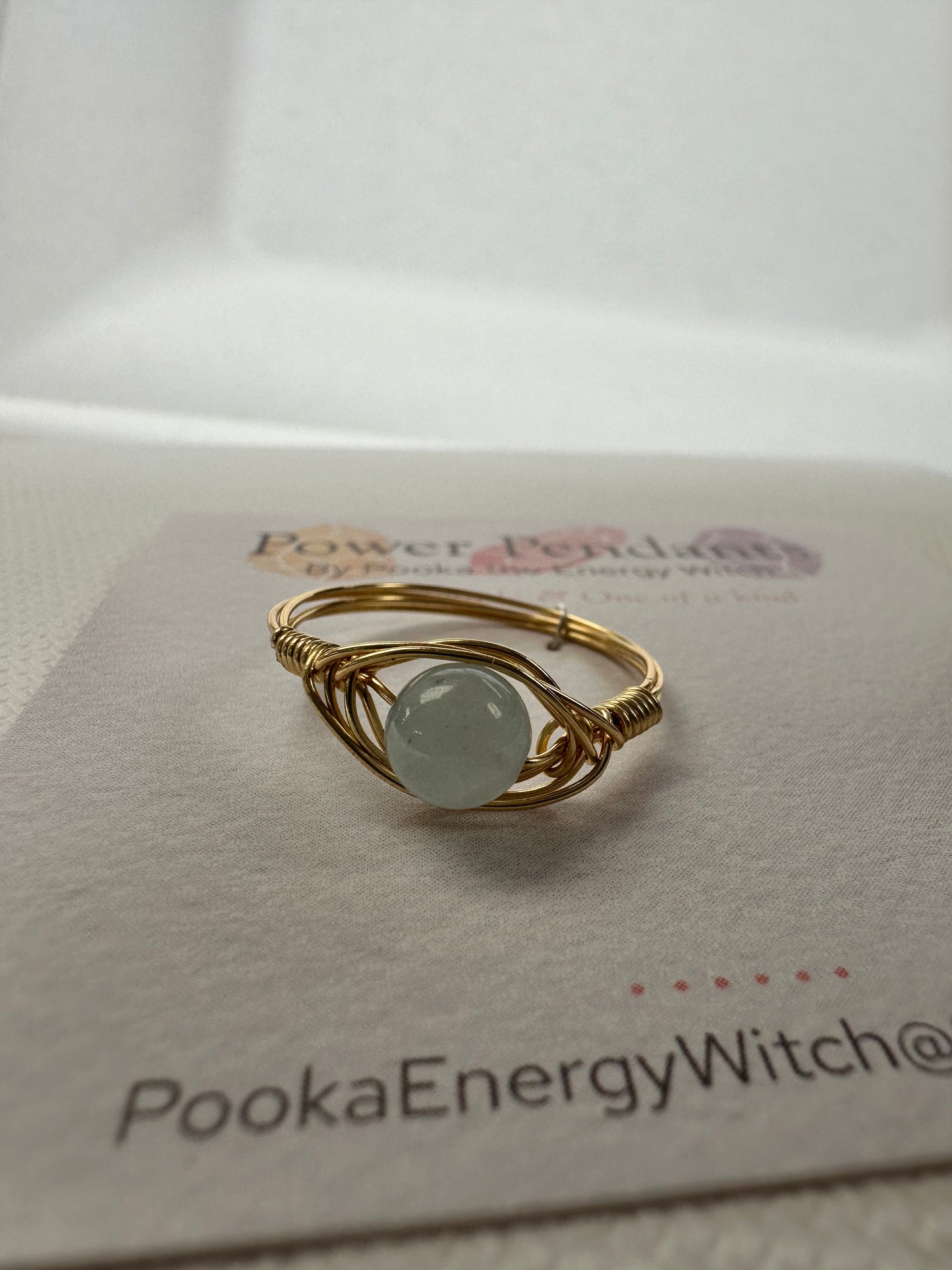 Pooka the Energy Witch - Wire Wrap Ring - Gold Colored Wrap  - Aquamarine