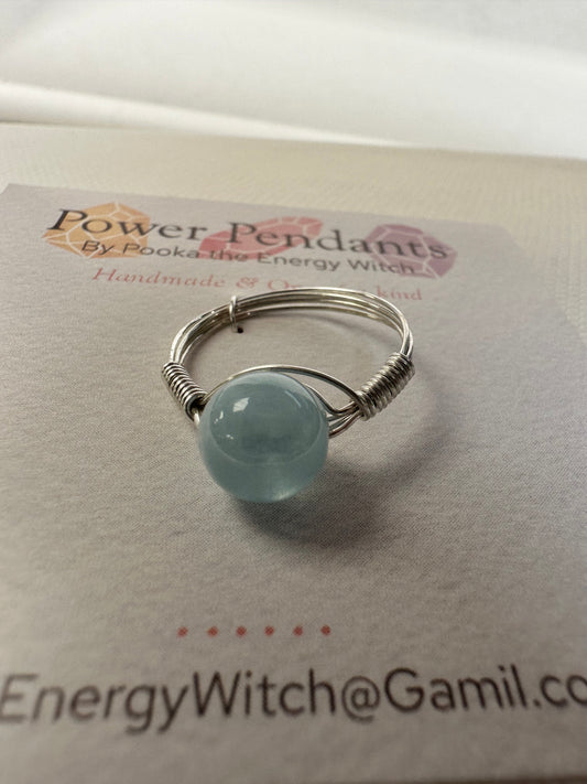 Pooka the Energy Witch - Wire Wrap Ring - Silver Colored Wrap  - Aquamarine