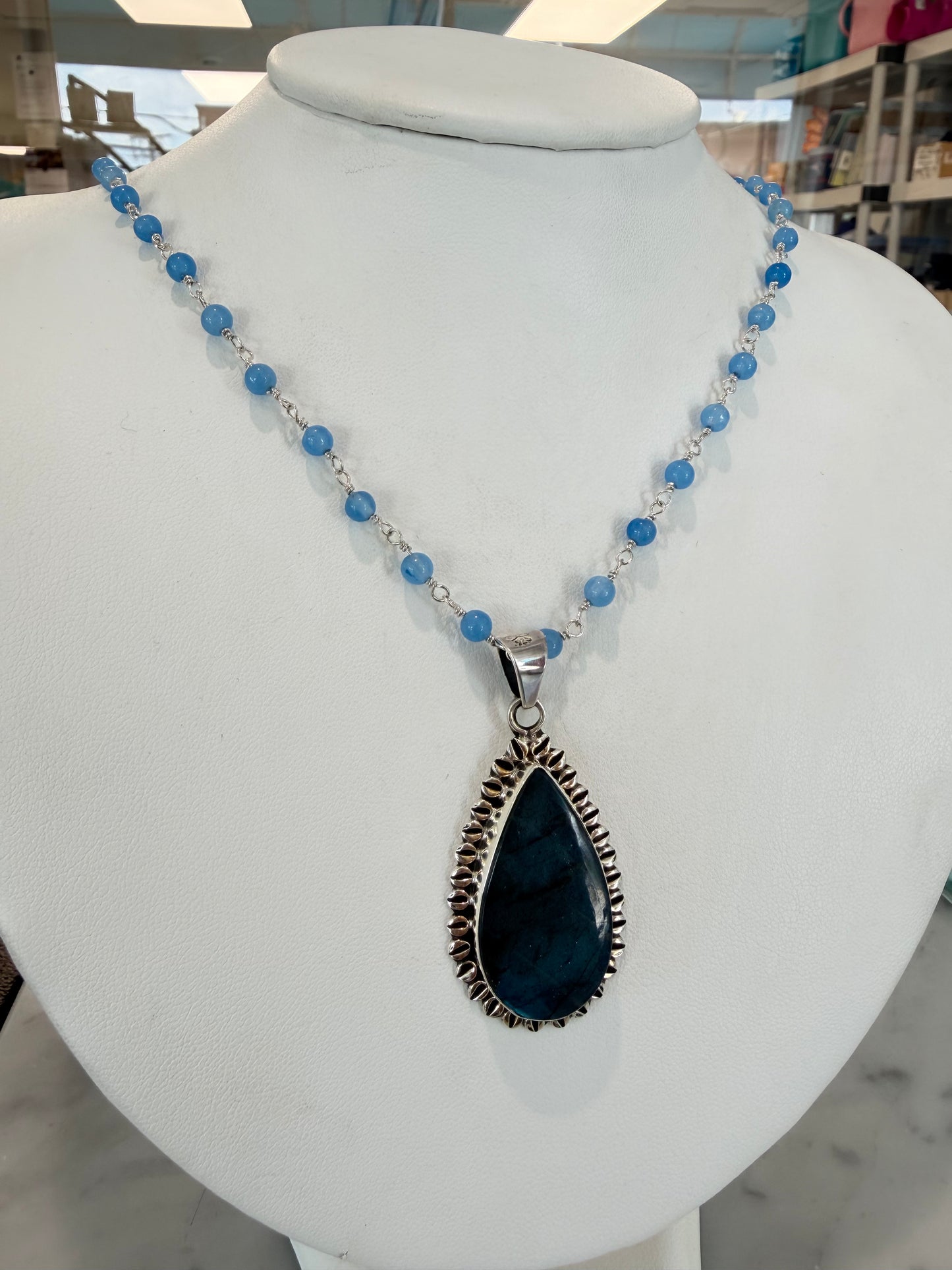 Handmade Labradorite Necklace with Beaded Rosary Chain - Sterling Silver