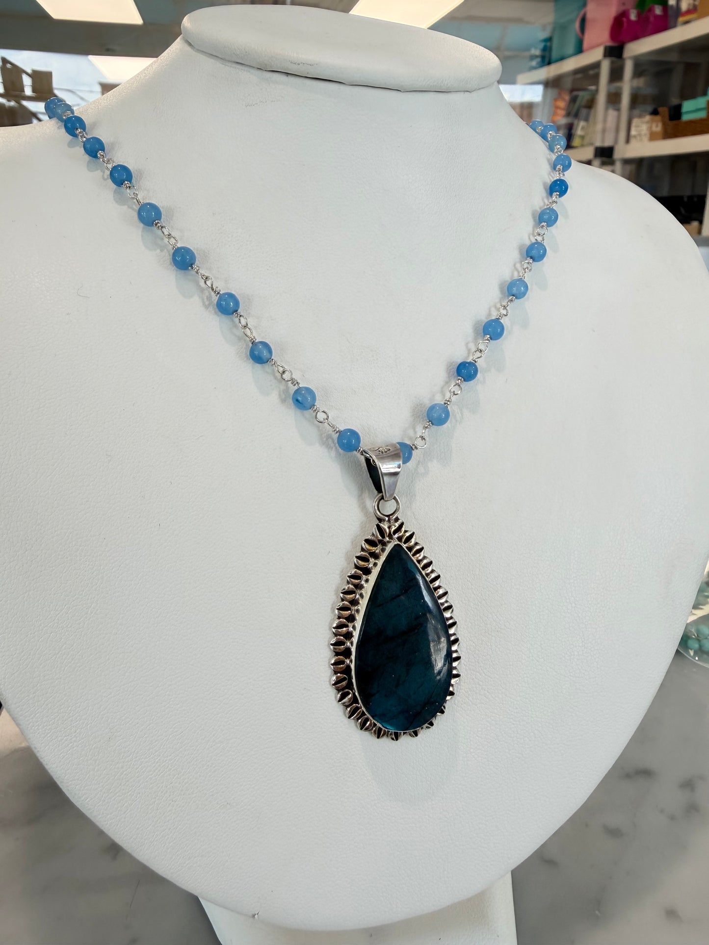 Handmade Labradorite Necklace with Beaded Rosary Chain - Sterling Silver