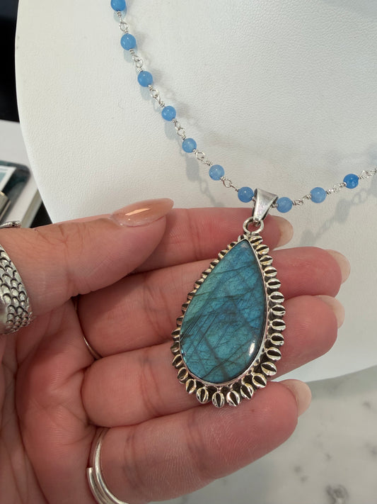 Handmade Labradorite Necklace with Beaded Rosary Chain - Sterling Silver