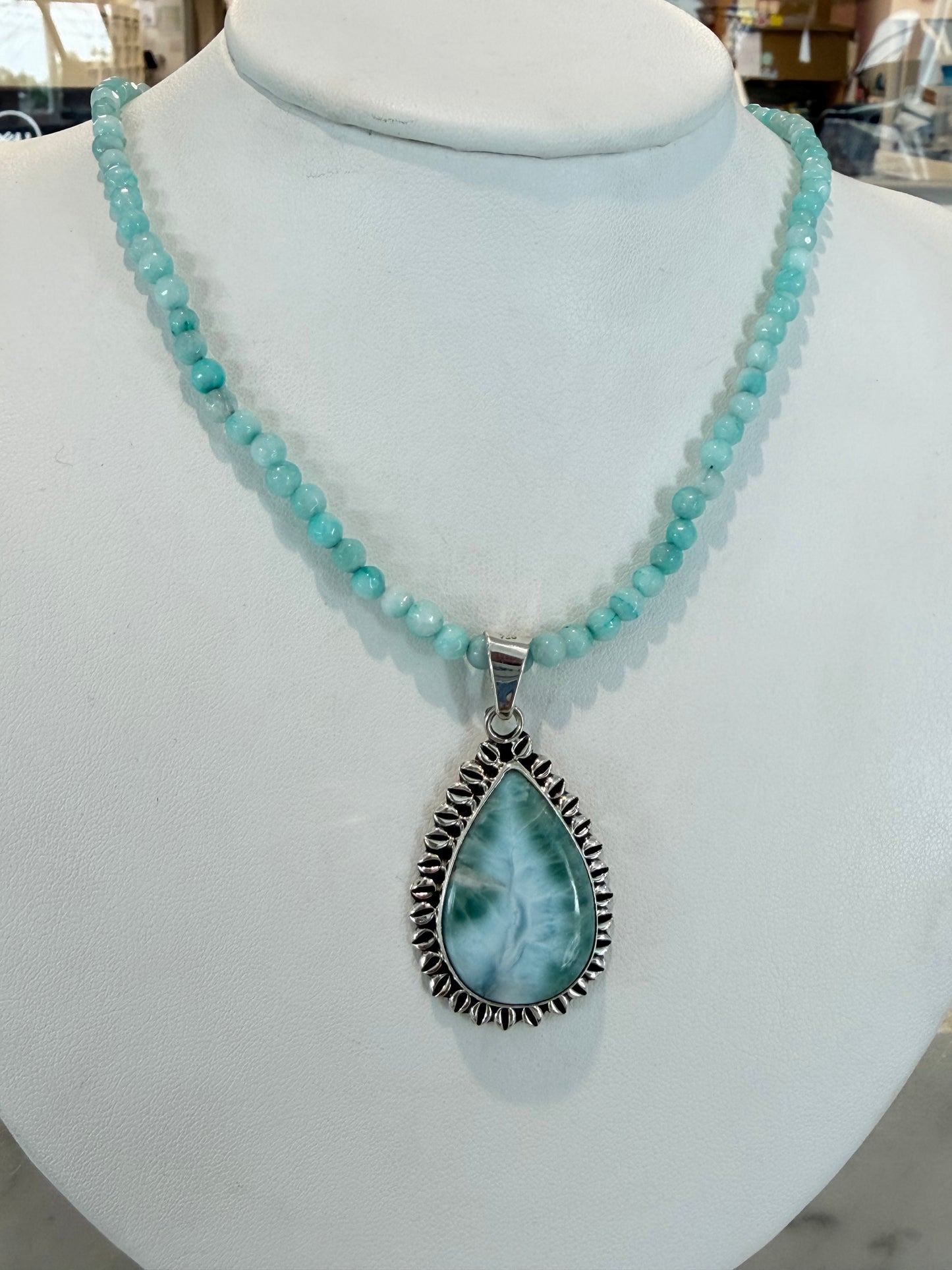 Handmade Larimar Necklace with Beaded Chain - Sterling Silver
