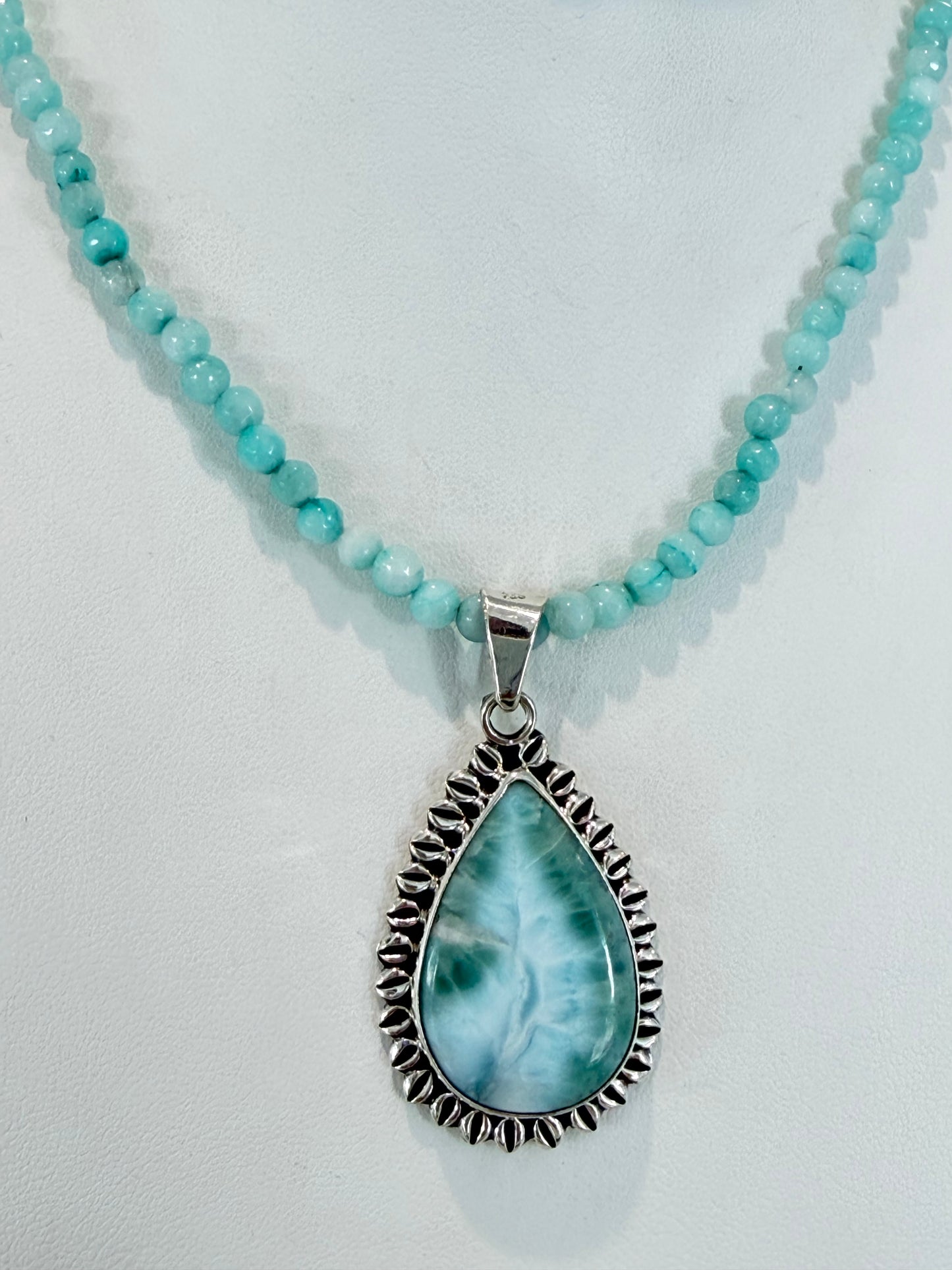 Handmade Larimar Necklace with Beaded Chain - Sterling Silver