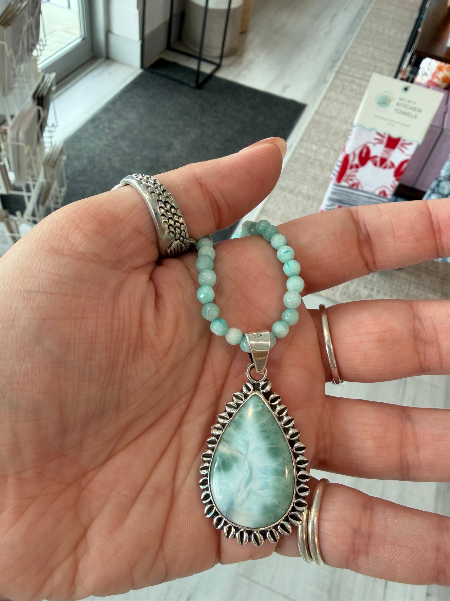 Handmade Larimar Necklace with Beaded Chain - Sterling Silver