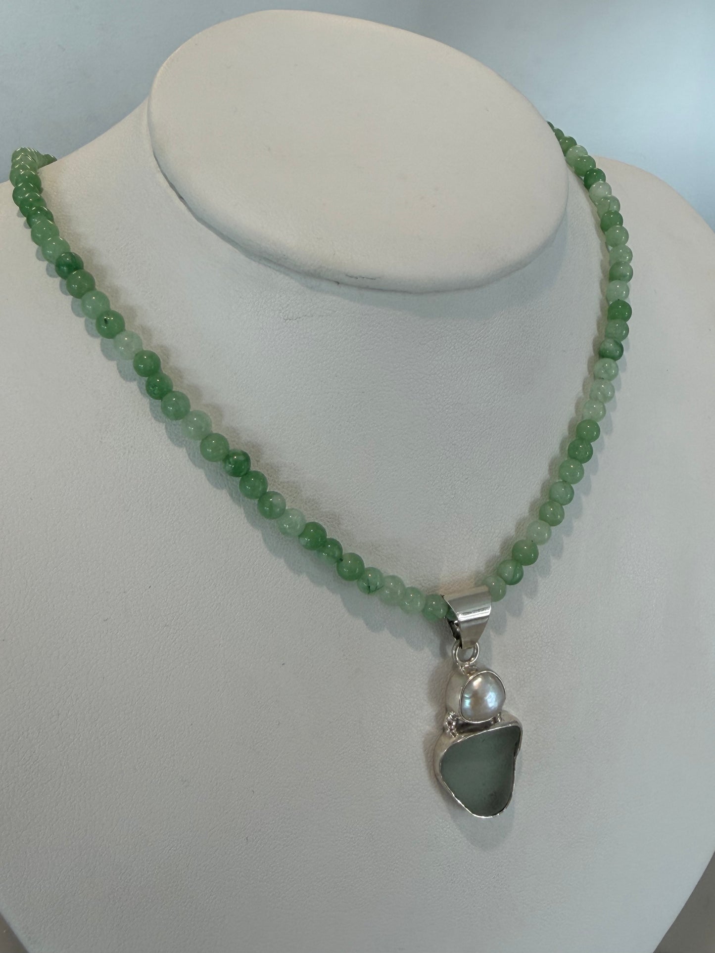 Handmade Sea Glass and Freshwater Pearl Necklace with Beaded Chain - Sterling Silver