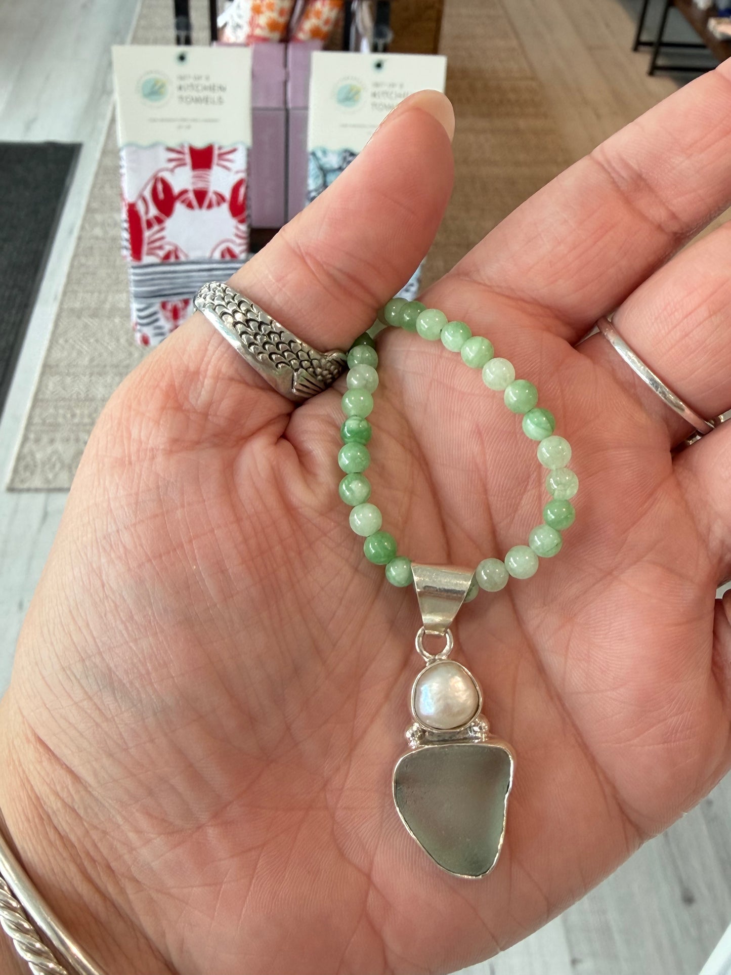 Handmade Sea Glass and Freshwater Pearl Necklace with Beaded Chain - Sterling Silver