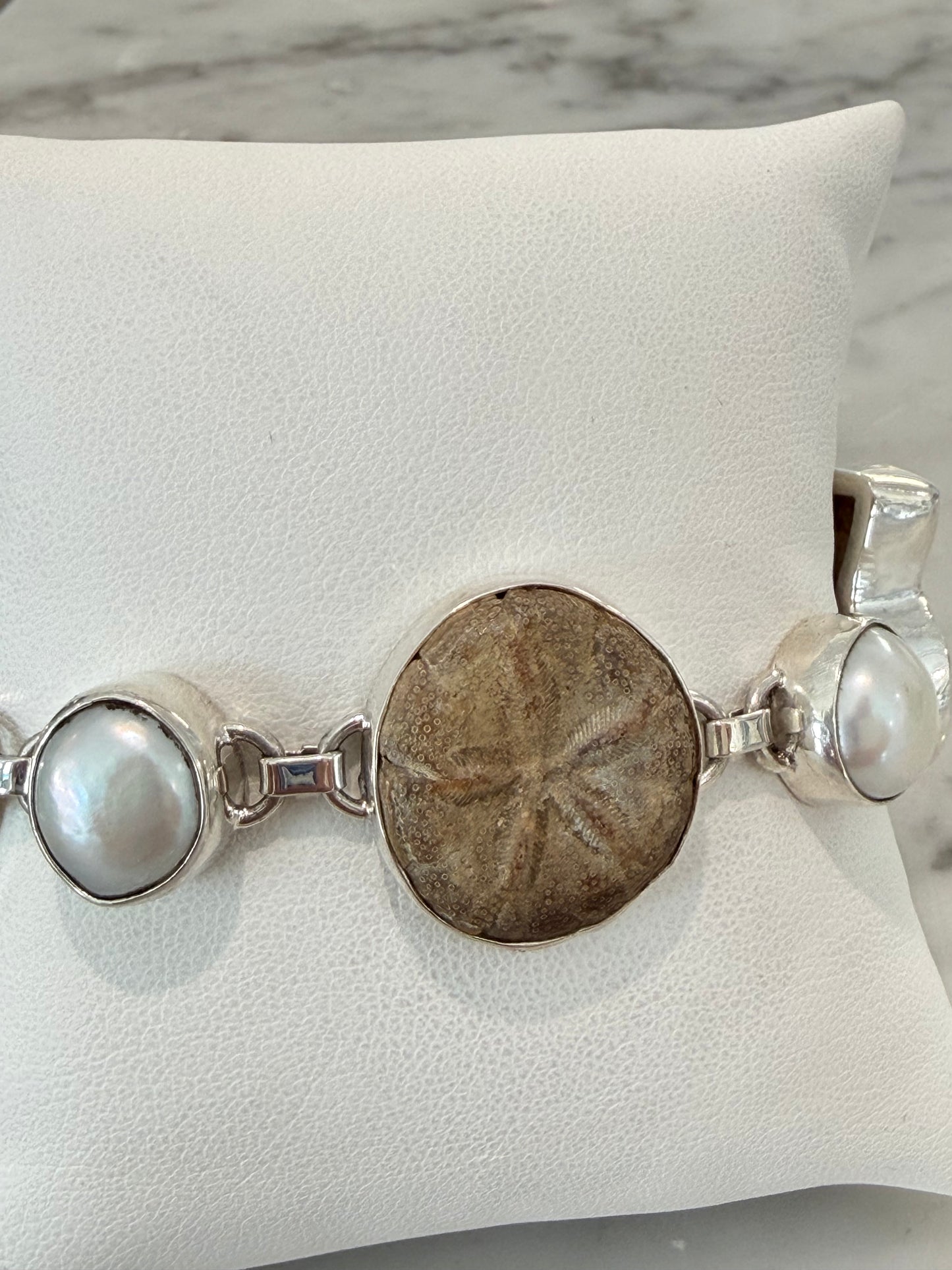 Handmade Fossilized Ammonite, Sand Dollar, and Freshwater Pearl Bracelet - Sterling Silver