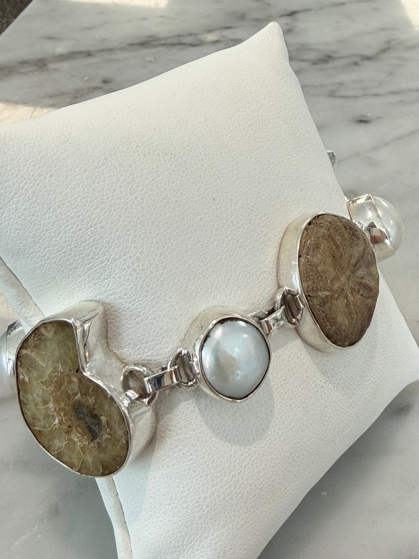 Handmade Fossilized Ammonite, Sand Dollar, and Freshwater Pearl Bracelet - Sterling Silver