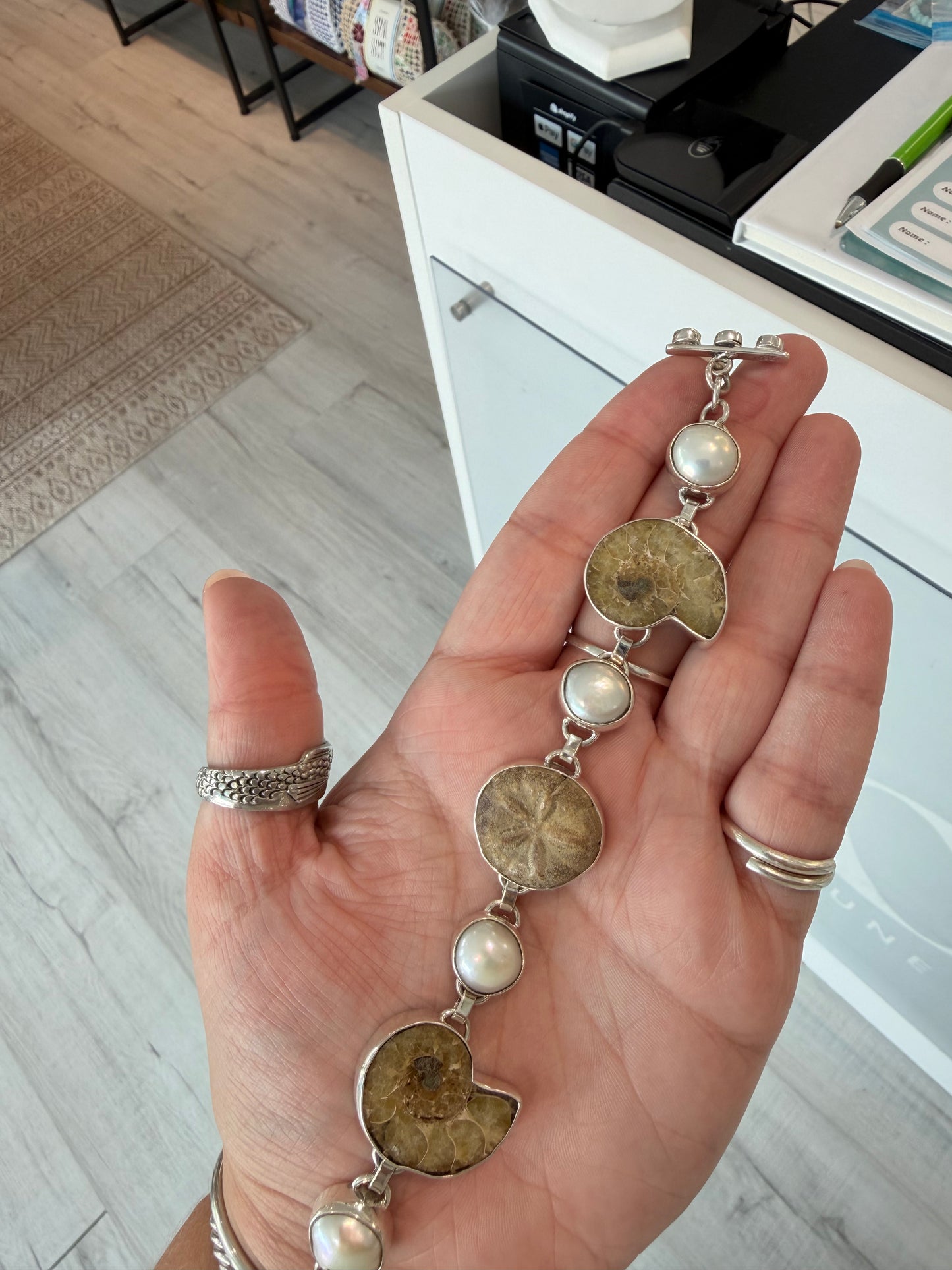 Handmade Fossilized Ammonite, Sand Dollar, and Freshwater Pearl Bracelet - Sterling Silver