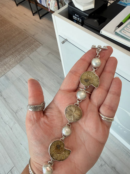 Handmade Fossilized Ammonite, Sand Dollar, and Freshwater Pearl Bracelet - Sterling Silver
