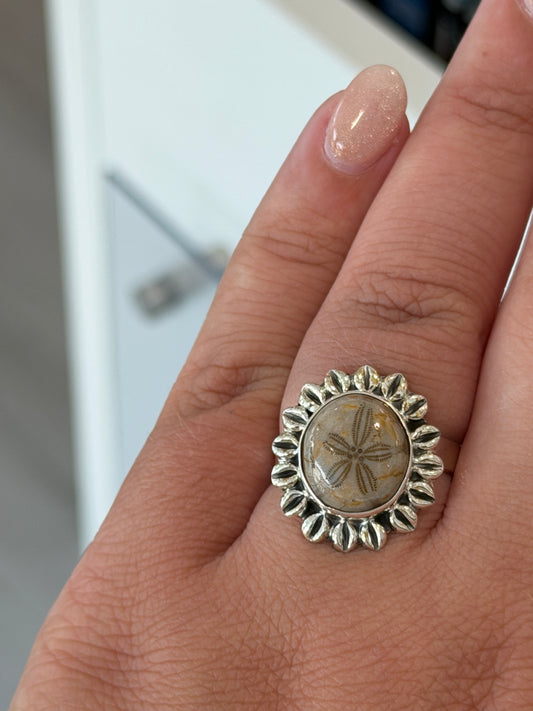 Handmade Fossilized Sand Dollar Ring - Sterling Silver, Adjustable