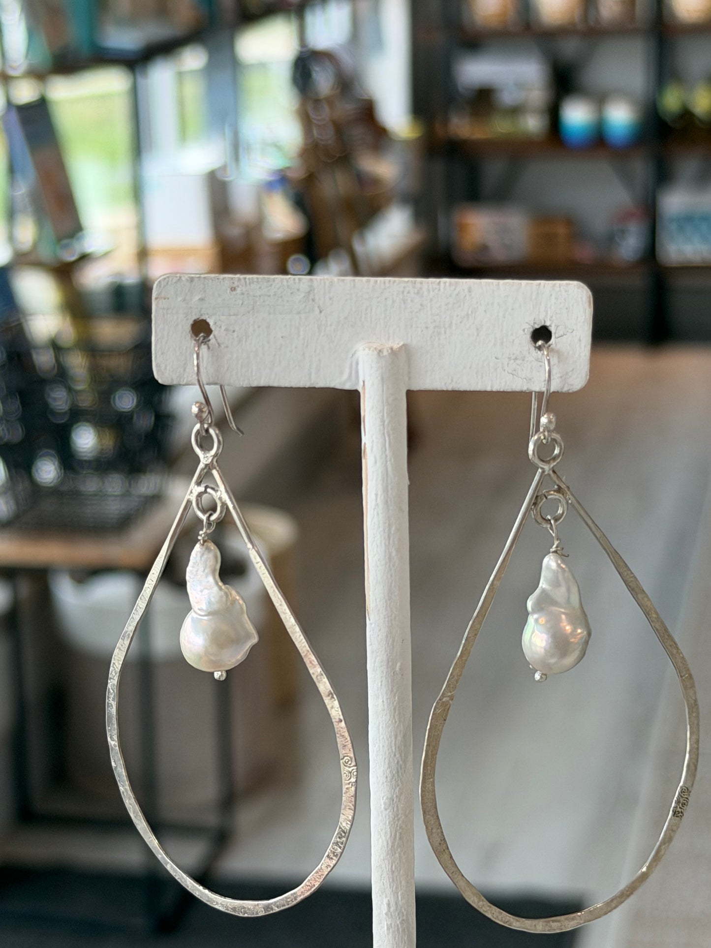 Handmade Tear Drop Hoop Earrings with Freshwater Pearls - Sterling Silver