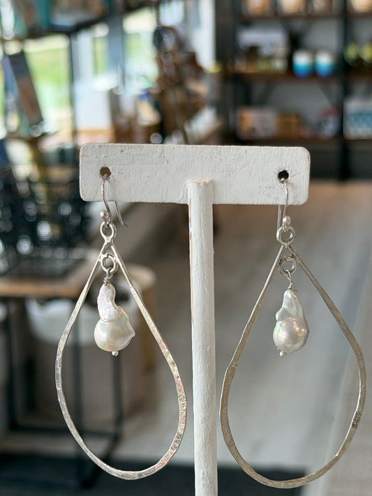 Handmade Tear Drop Hoop Earrings with Freshwater Pearls - Sterling Silver