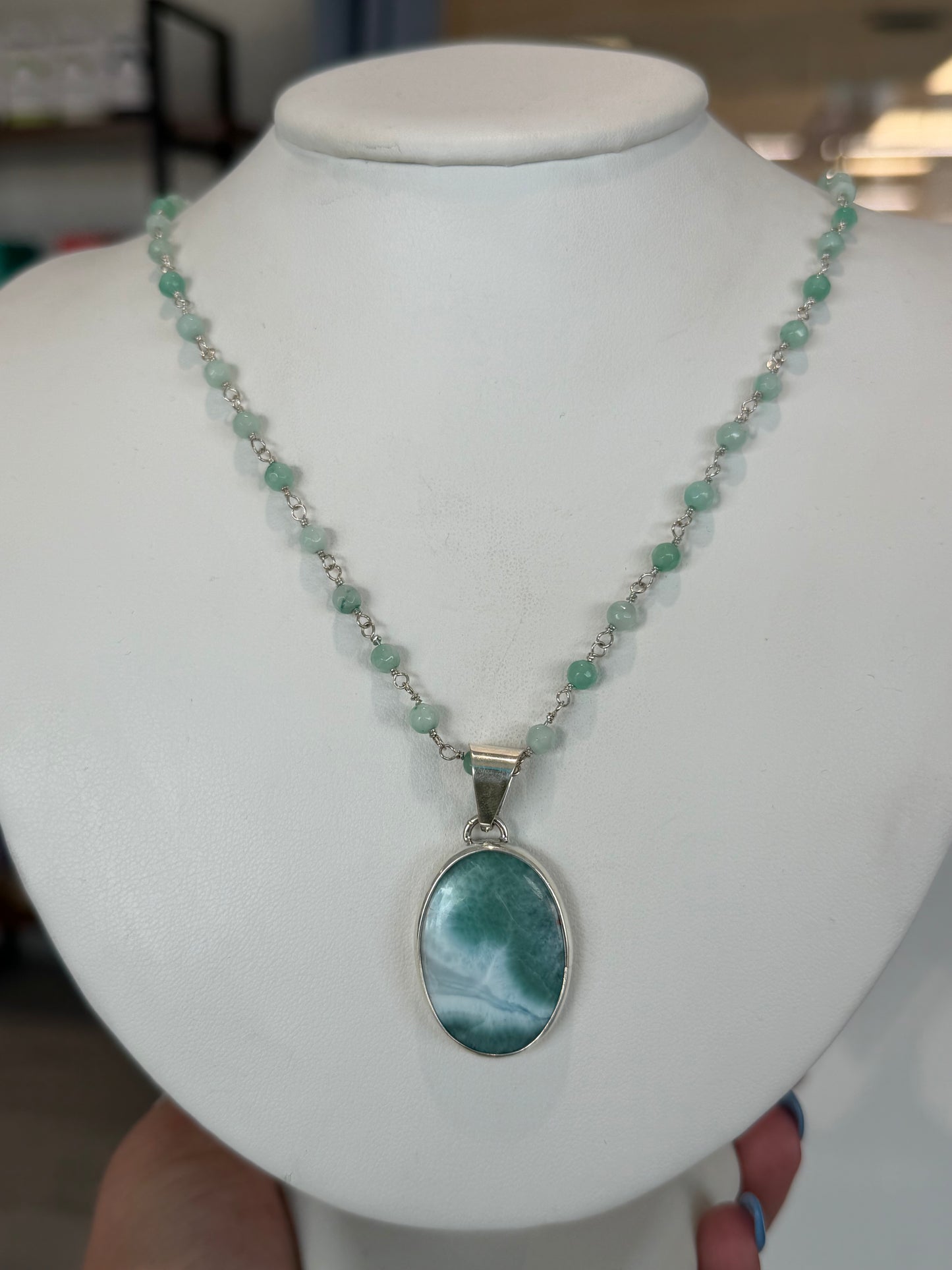 Handmade Larimar Necklace with Beaded Rosary Chain - Sterling Silver