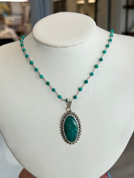 Handmade Turquoise Necklace with Beaded Rosary Chain - Sterling Silver