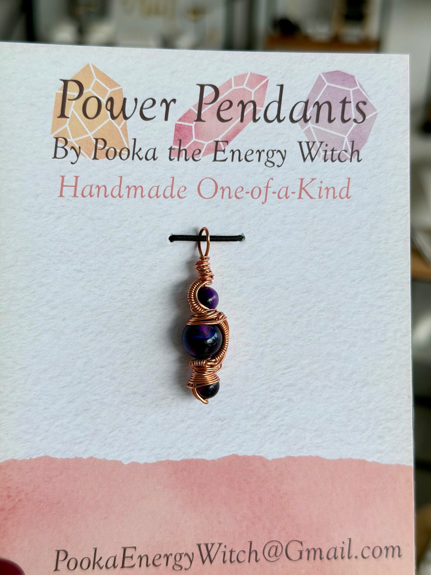 Pooka the Energy Witch - Copper Wire Wrap Pendant - Three Purple Tiger's Eye