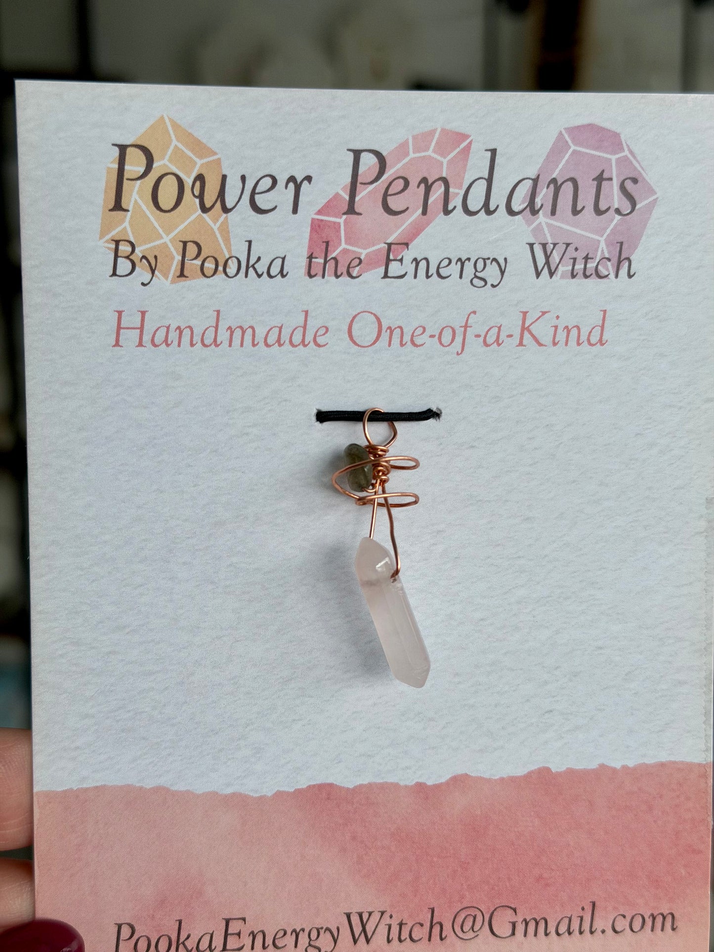 Pooka the Energy Witch - Copper Wire Wrap Pendant - Rose Quartz & Labradorite Helix Twist