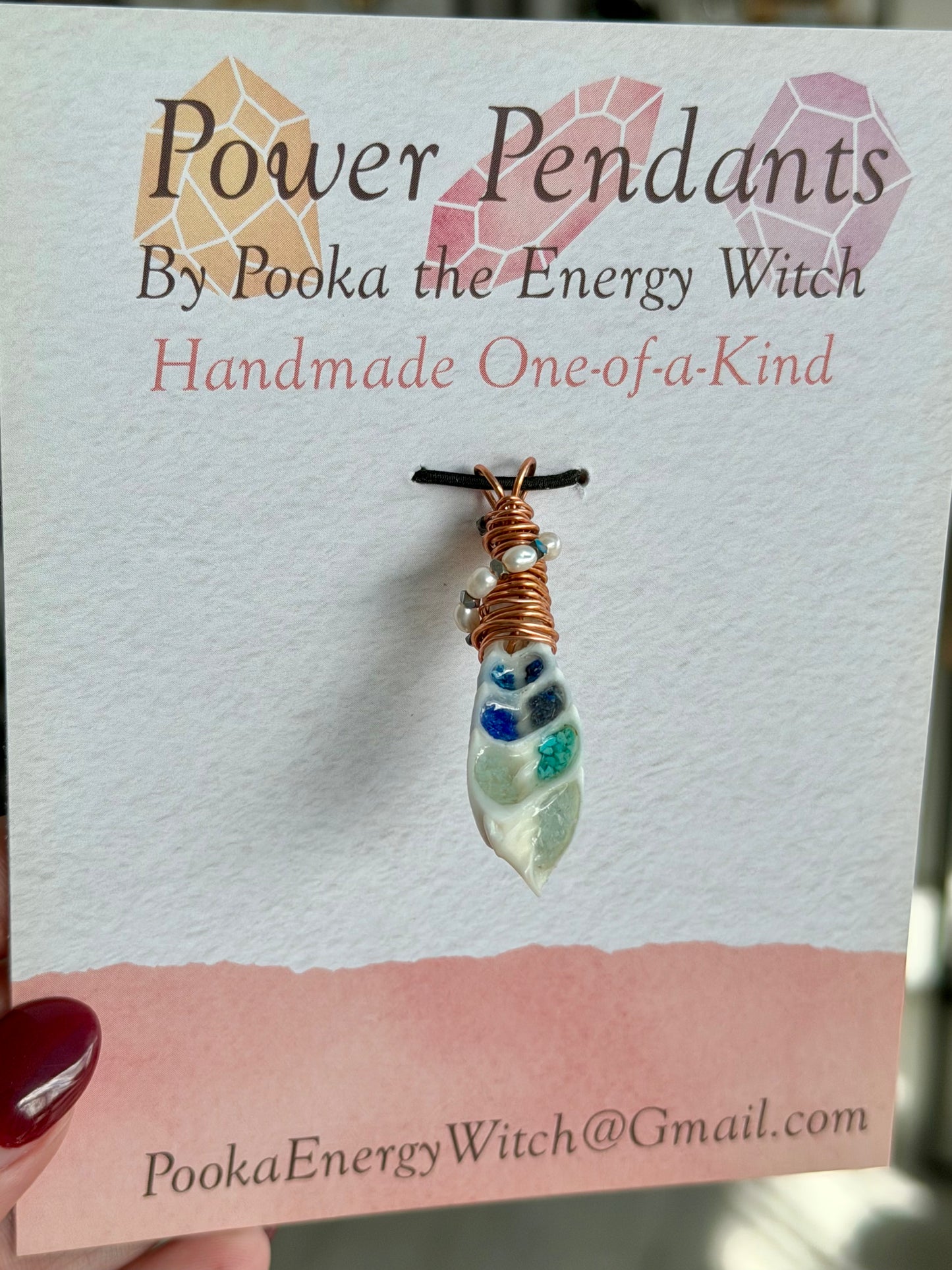 Pooka the Energy Witch - Copper Wire Wrap Pendant - Shell, Pearl, Hematite, Aquamarine, Turquoise, Lapis & Sodalite