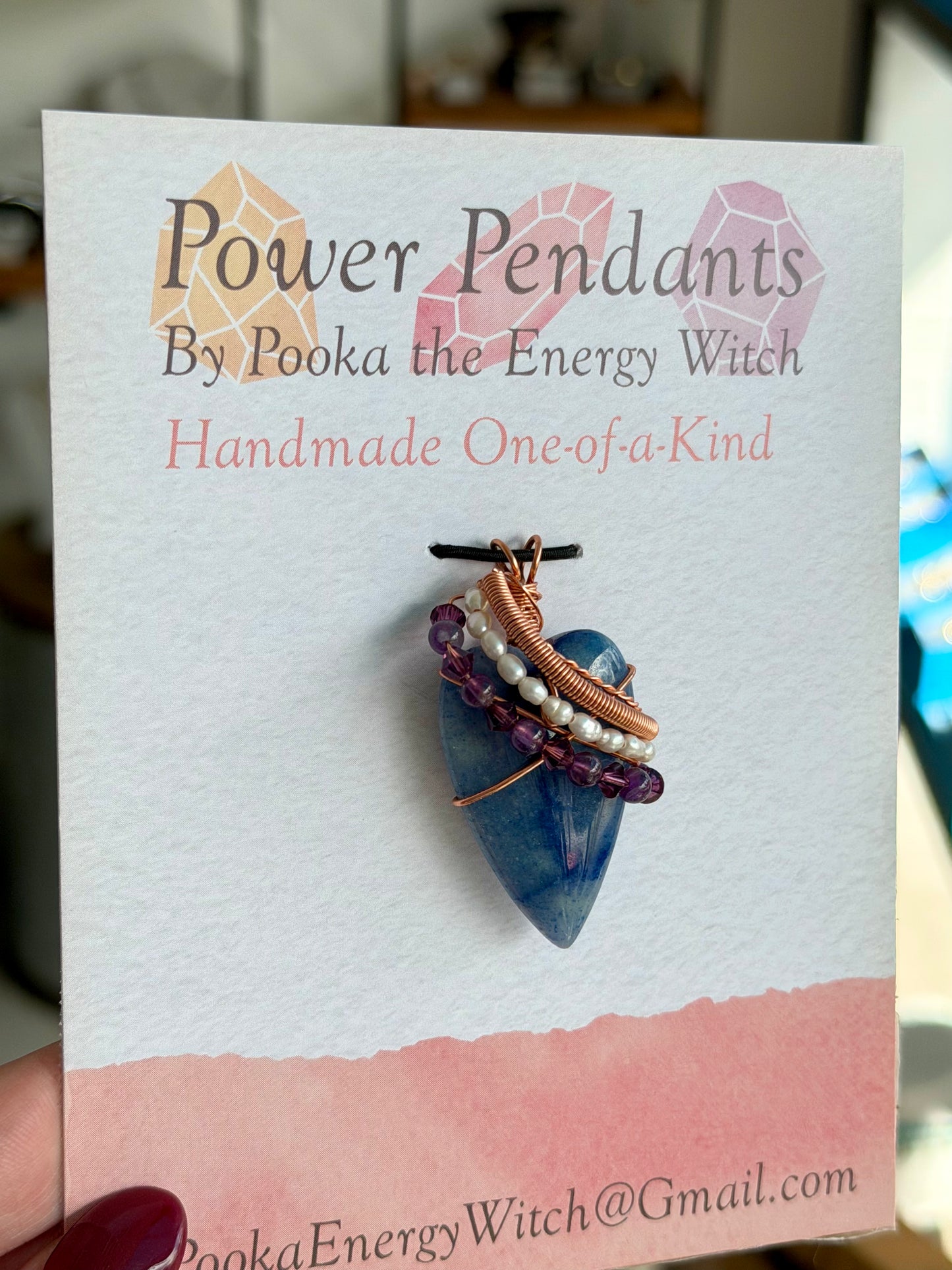 Pooka the Energy Witch - Copper Wire Wrap Pendant - Sodalite, Amethyst, Czech Glass & Rice Pearls