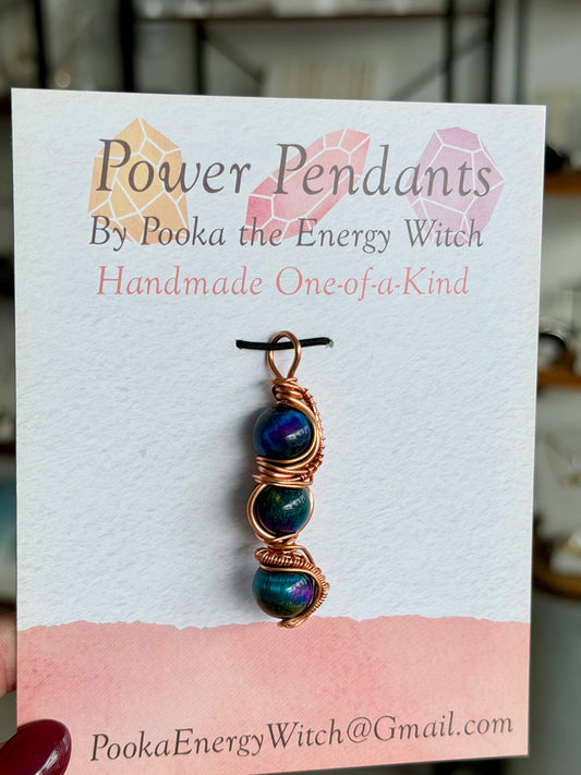 Pooka the Energy Witch - Copper Wire Wrap Pendant - Three Galaxy Tiger's Eye