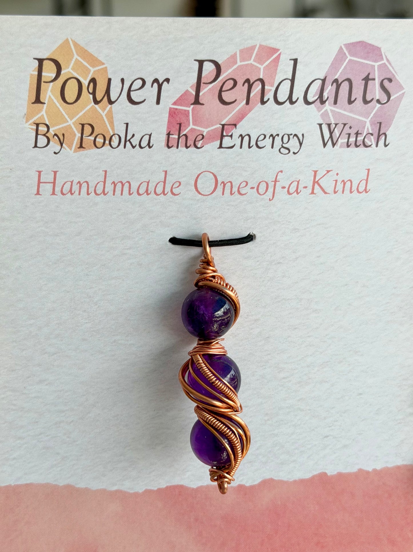Pooka the Energy Witch - Copper Wire Wrap Pendant - Three Amethyst Beads