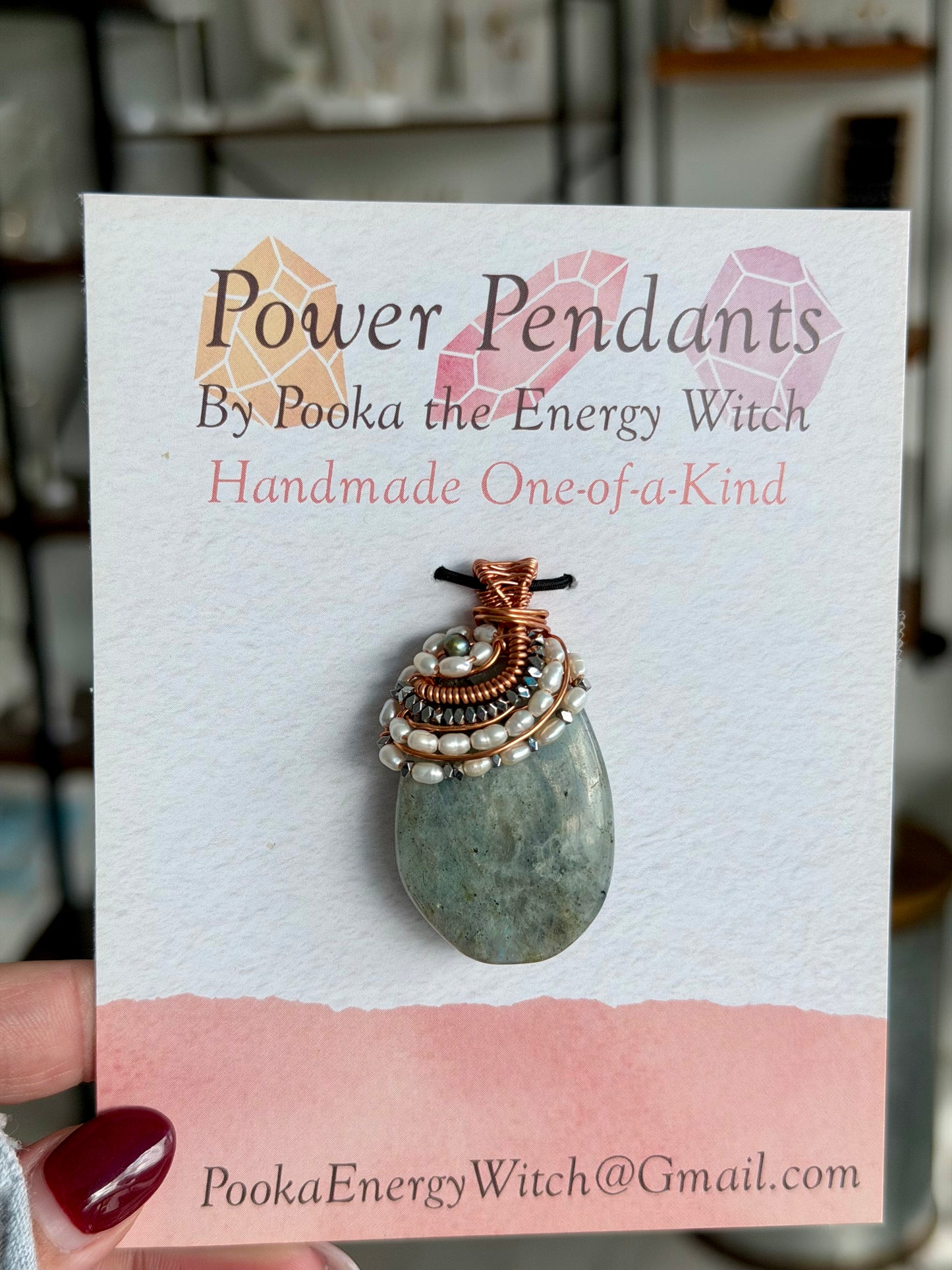 Pooka the Energy Witch - Copper Wire Wrap Pendant - Labradorite, Rice Pearls, & Hematite