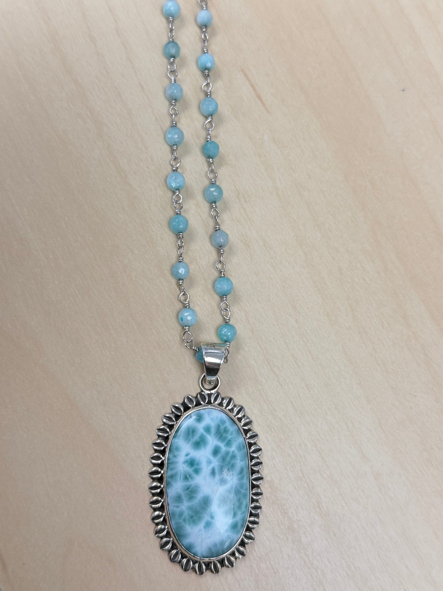 Handmade Larimar Necklace with Beaded Rosary Chain - Sterling Silver