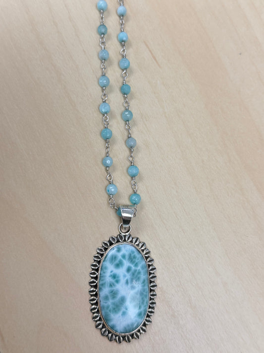 Handmade Larimar Necklace with Beaded Rosary Chain - Sterling Silver