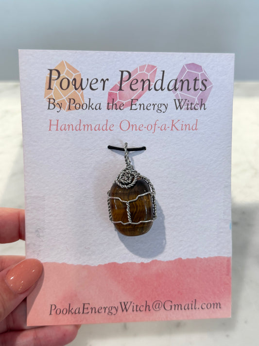 Pooka the Energy Witch - Silver-Plated Copper Wire Wrap Pendant - Tiger's Eye