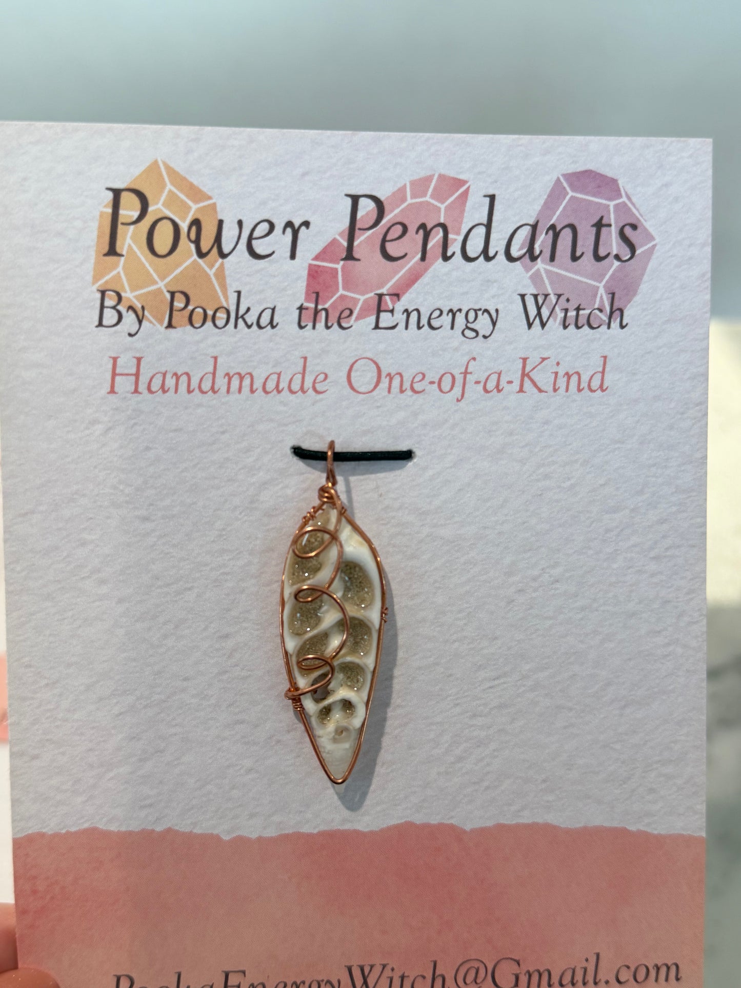 Pooka the Energy Witch - Copper Wire Wrap Pendant - Shell with Caribbean Sand