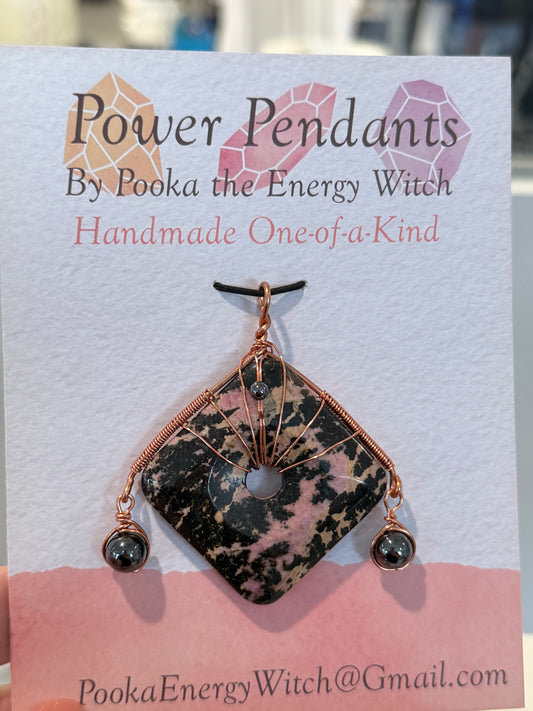 Pooka the Energy Witch - Copper Wire Wrap Pendant - Rhodonite with Hematite