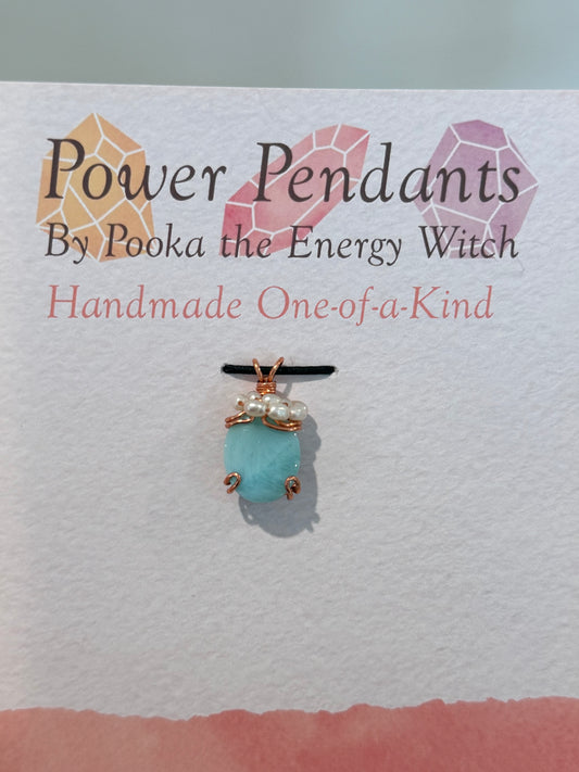 Pooka the Energy Witch - Copper Wire Wrap Pendant - Larimar & Pearls